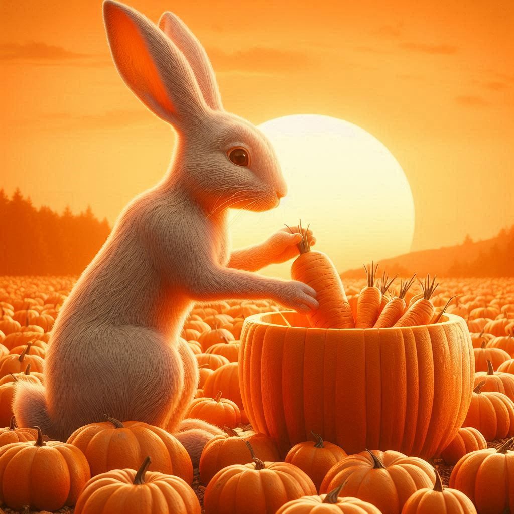 Orange monochromatic bunny hiding carrots in cut pumpkin in ...