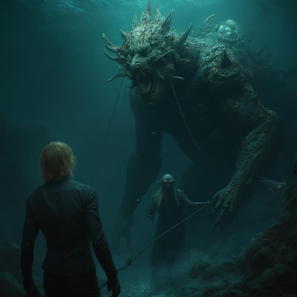 Creepy horror art creation of a human man attached to the anchor of the titanic is standing in the middle of the underwa...