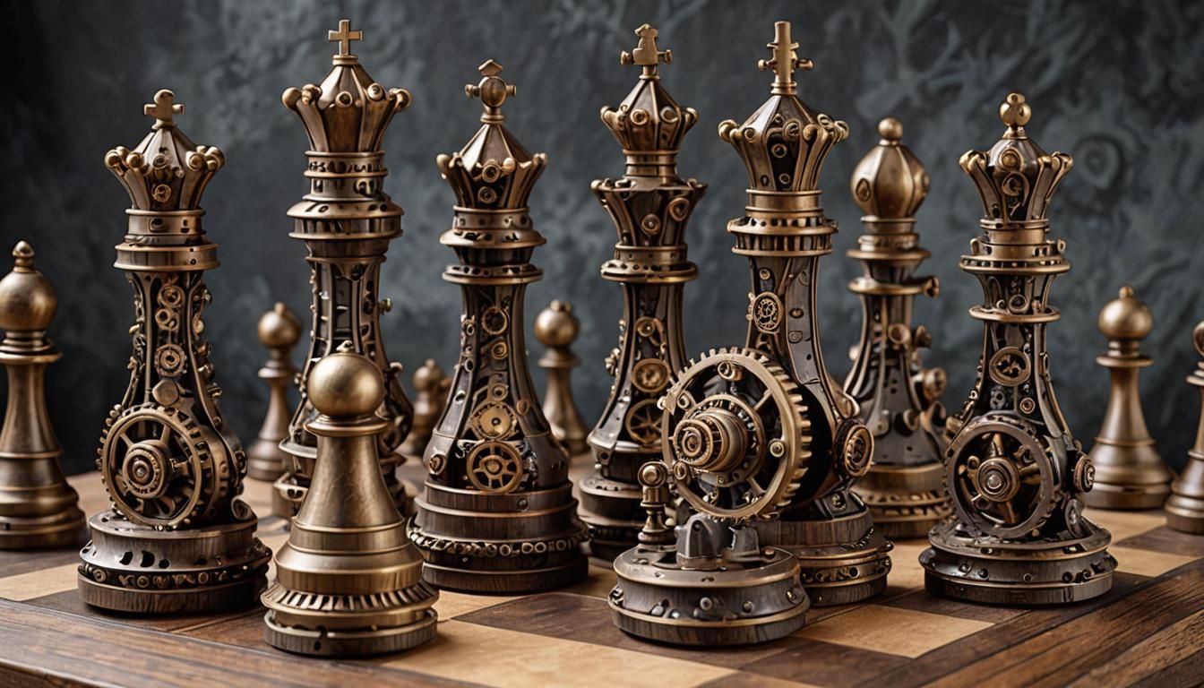 A steampunk-themed chess set, featuring intricate gears, cog...