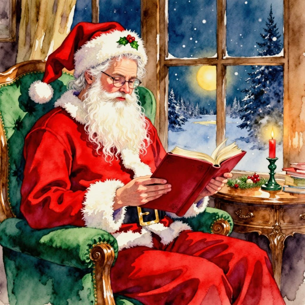 <lora:SeedreamArtcafe:1.0> Watercolor painting depicting Santa Claus seated in a green upholstered wooden armchair. Santa wears his traditio...