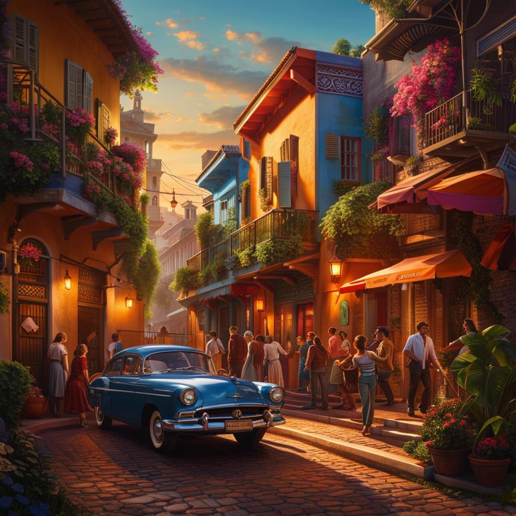 A vibrant street scene with salsa dancers, musicians, and co...