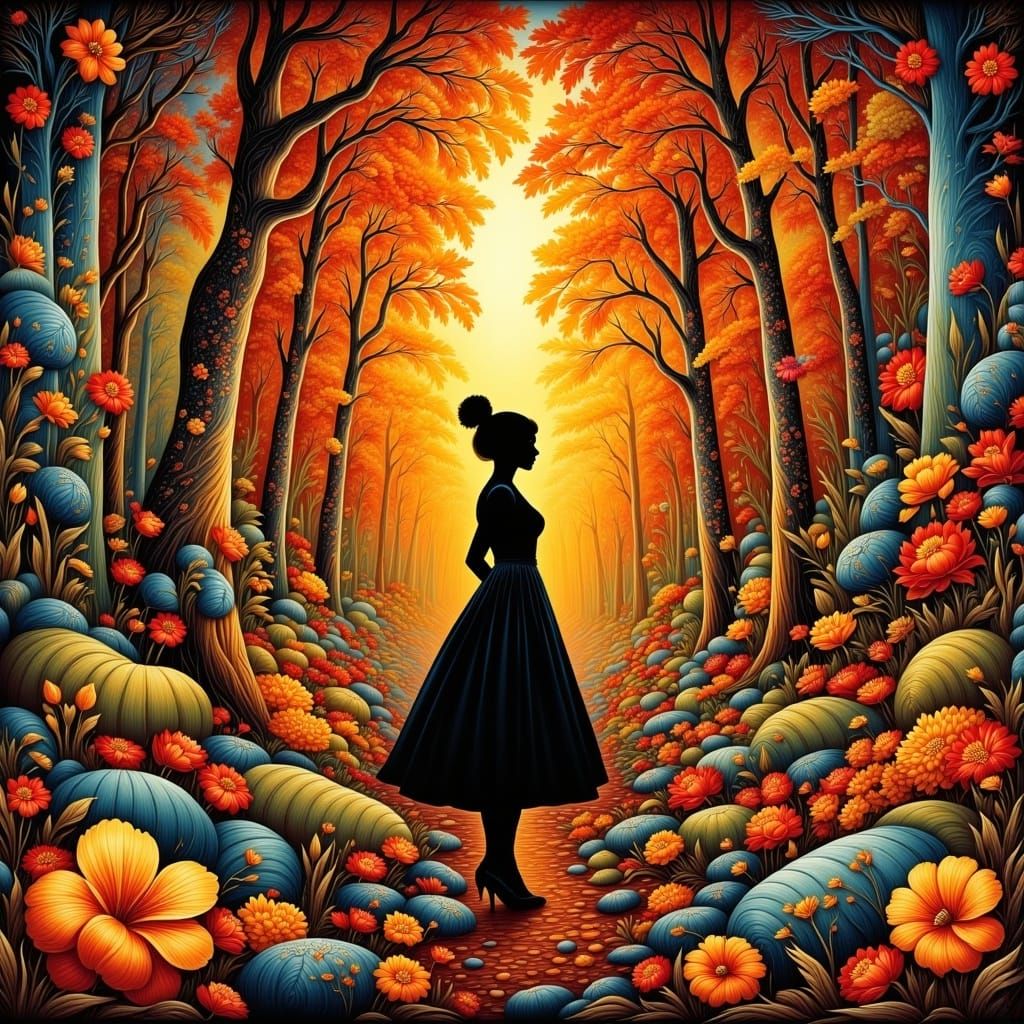 <lora:Folklore:1.0> Mixed media collage featuring a silhouette a alice in wonderland at autumn landscape, incorporating elements of Indonesi...