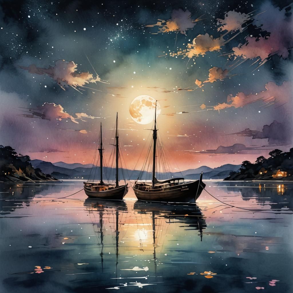 Boats on sparkling moonlit waters   by @Joseph