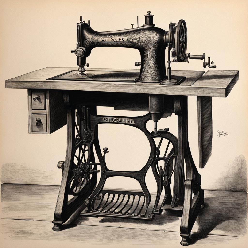 una maquina de coser (singer antigua) con pedalera y mueble (de madera) imagen en primer plano, al lado ...  by @Jairo Uribe 