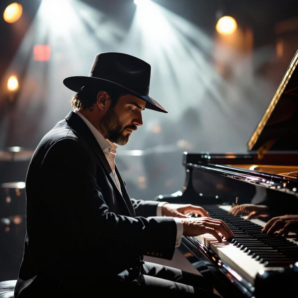 Man in Wide-Brimmed Hat Plays Piano Under Spotlights