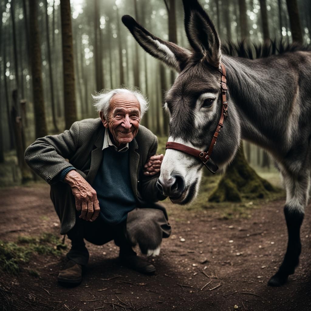 Crazy old Person in forest with a donkey smily