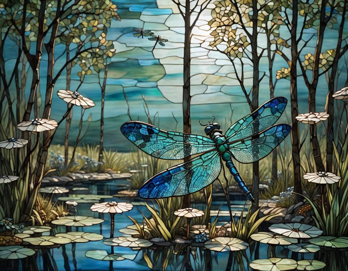 Stained glass mosaic, moonrays on vast natural deep lake, pe...