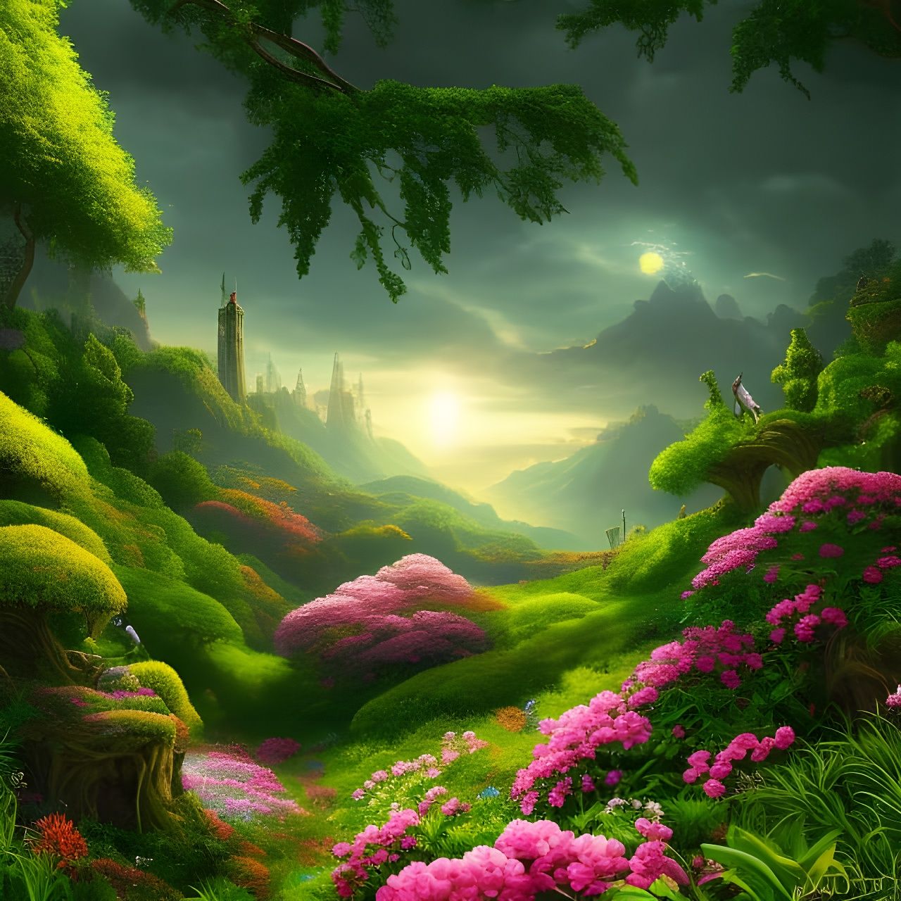 Lush green and pink landscape