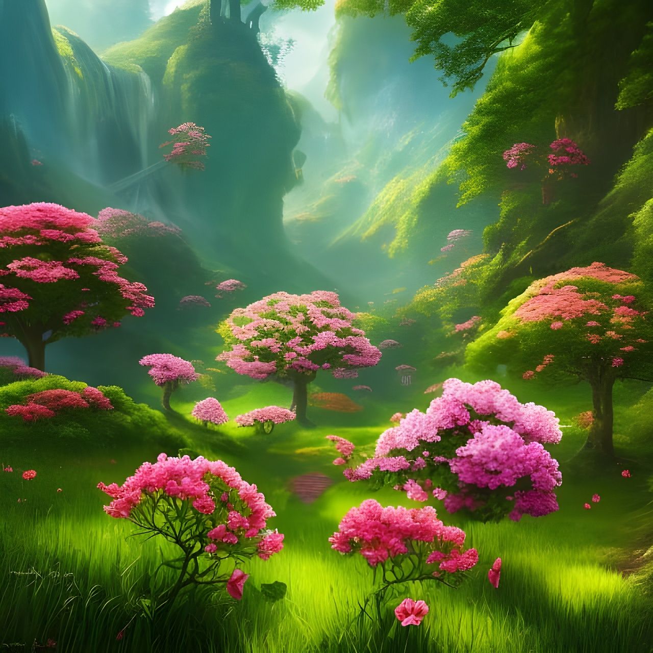Lush green and pink landscape
