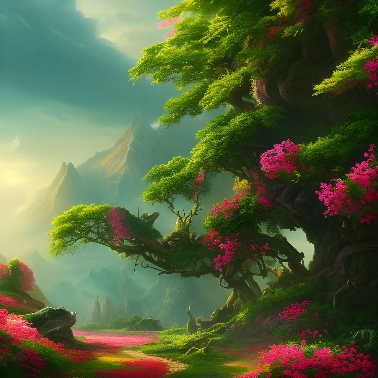 Lush green and pink landscape