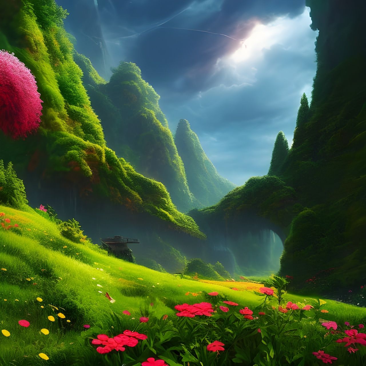 Lush green and pink landscape