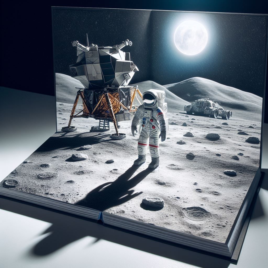 A pop-up book spread depicting a human setting foot on the lunar surface