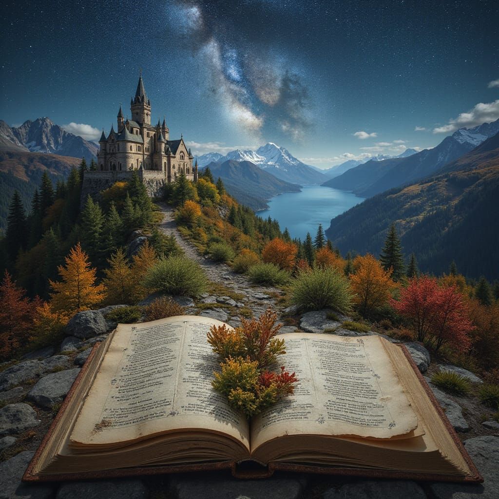 A weathered medieval book, opening to reveal a rich miniature world complete with forests, seas and mountains, tiny castles perched on lofty...