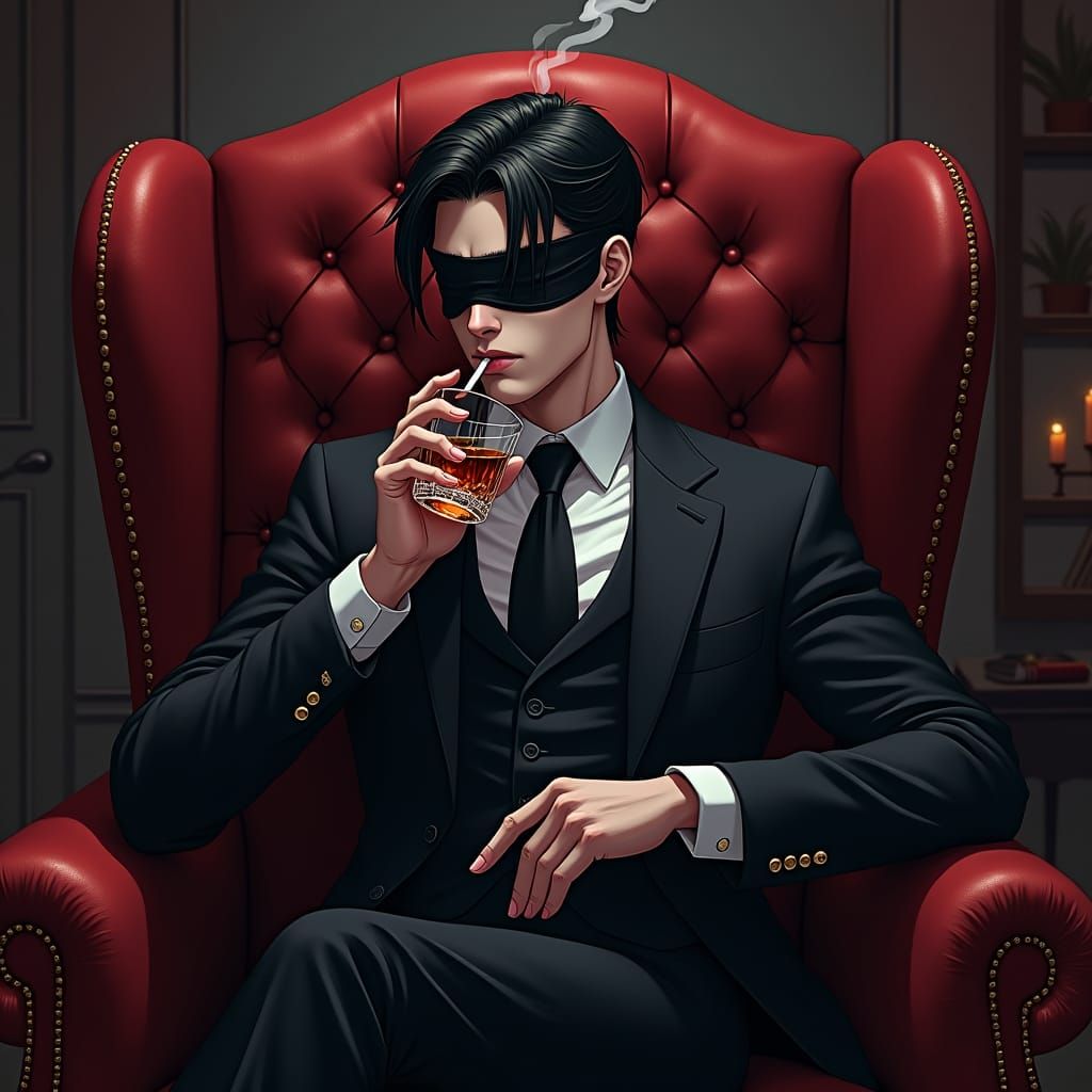 A young man. Black hair. Blind fold on. In a suit. Evil person. Smoking and drinking whiskey in a chair 
