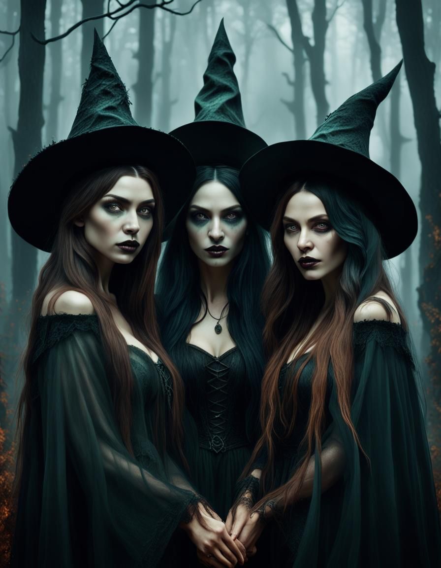 Hyperreal half-length portrait of a beautiful young three witches women ...