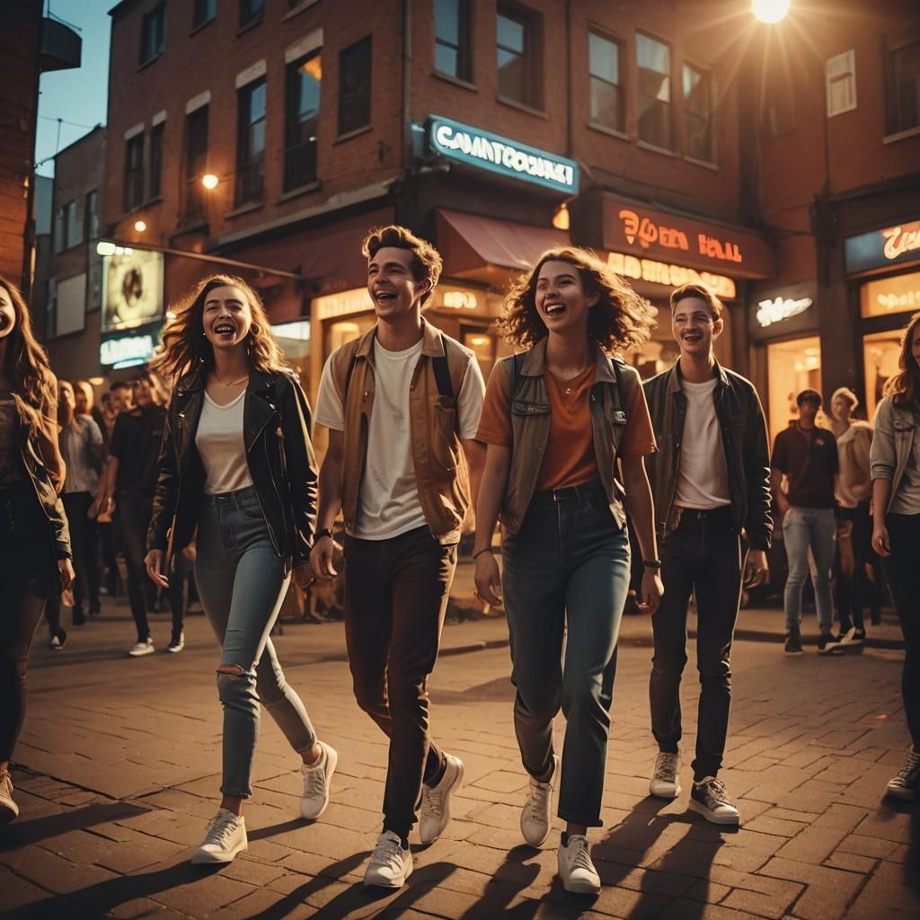 Um grupo de jovens saindo da balada ao amanhecer, rindo e co...