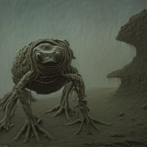 a withered urological frog in a feral hunched armor in a stu...