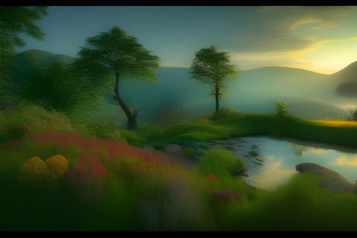 Spectacular Sunrise Over Cottage Landscape in Hyperrealism