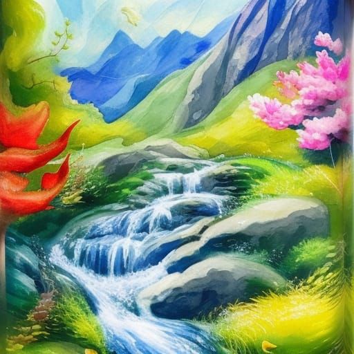 Secret flower garden with a mountain stream watching the fis...