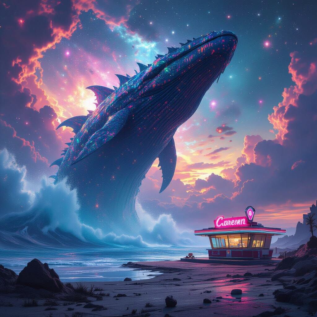 A colossal, ancient leviathan breaching from a swirling, cosmic ocean under a sky filled with nebulae and distant galaxies. 