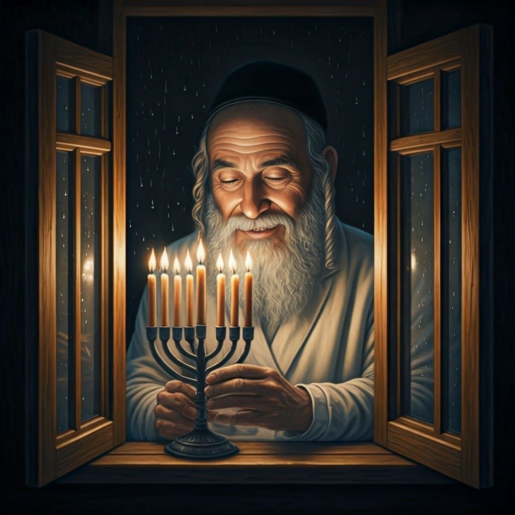 Orthodox Jew Lighting Channukah Candles in the Rain