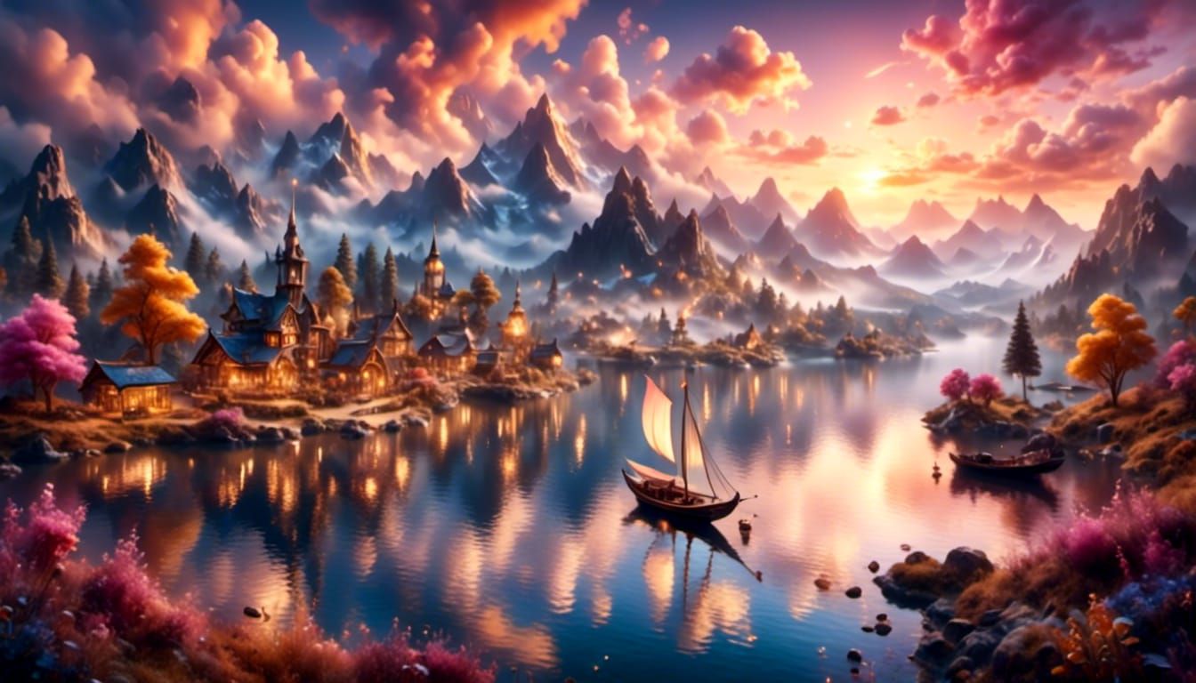 <lora:Mystical Fantasy BLK:1.0> <lora:Cute Fantasy Animals:1.0> <lora:Arrow of Light:1.0> Aerial drone view. Fantasy harbour filled with sai...