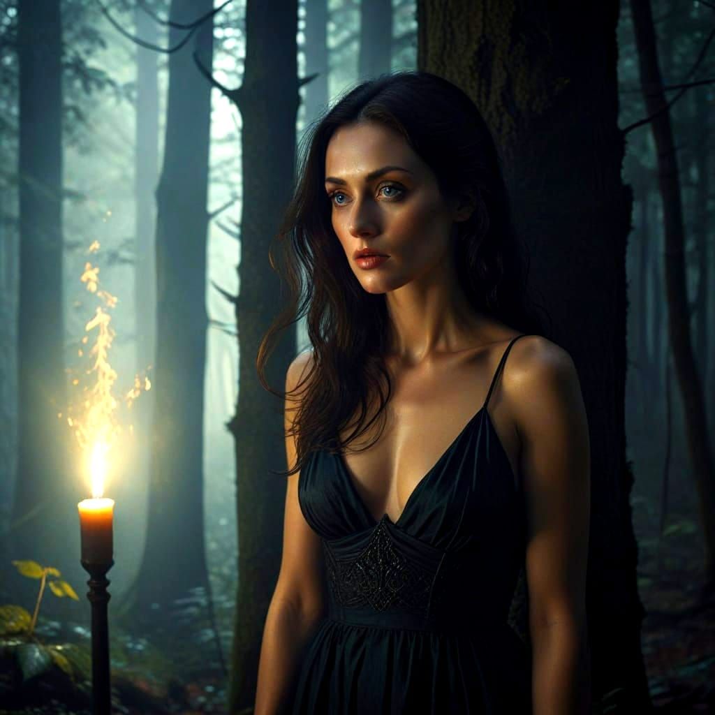Enigmatic Lady in Dark Fantastic Forest