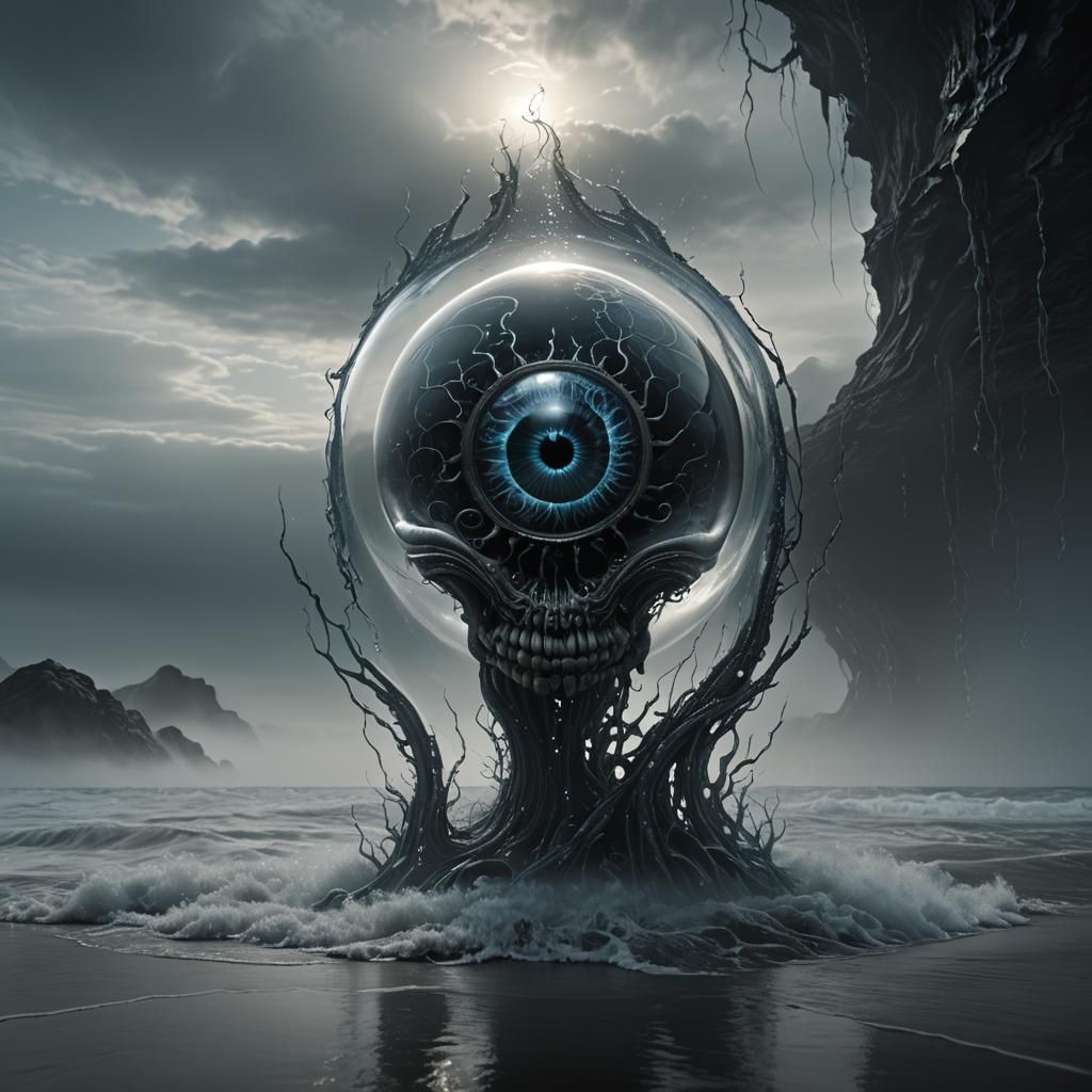 A dark fantasy 3D render of a transparent glass "A" shape su...