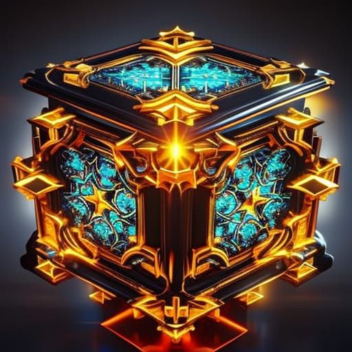 fantasy shiny magical cube artifact with intricate motifs, 8k ...