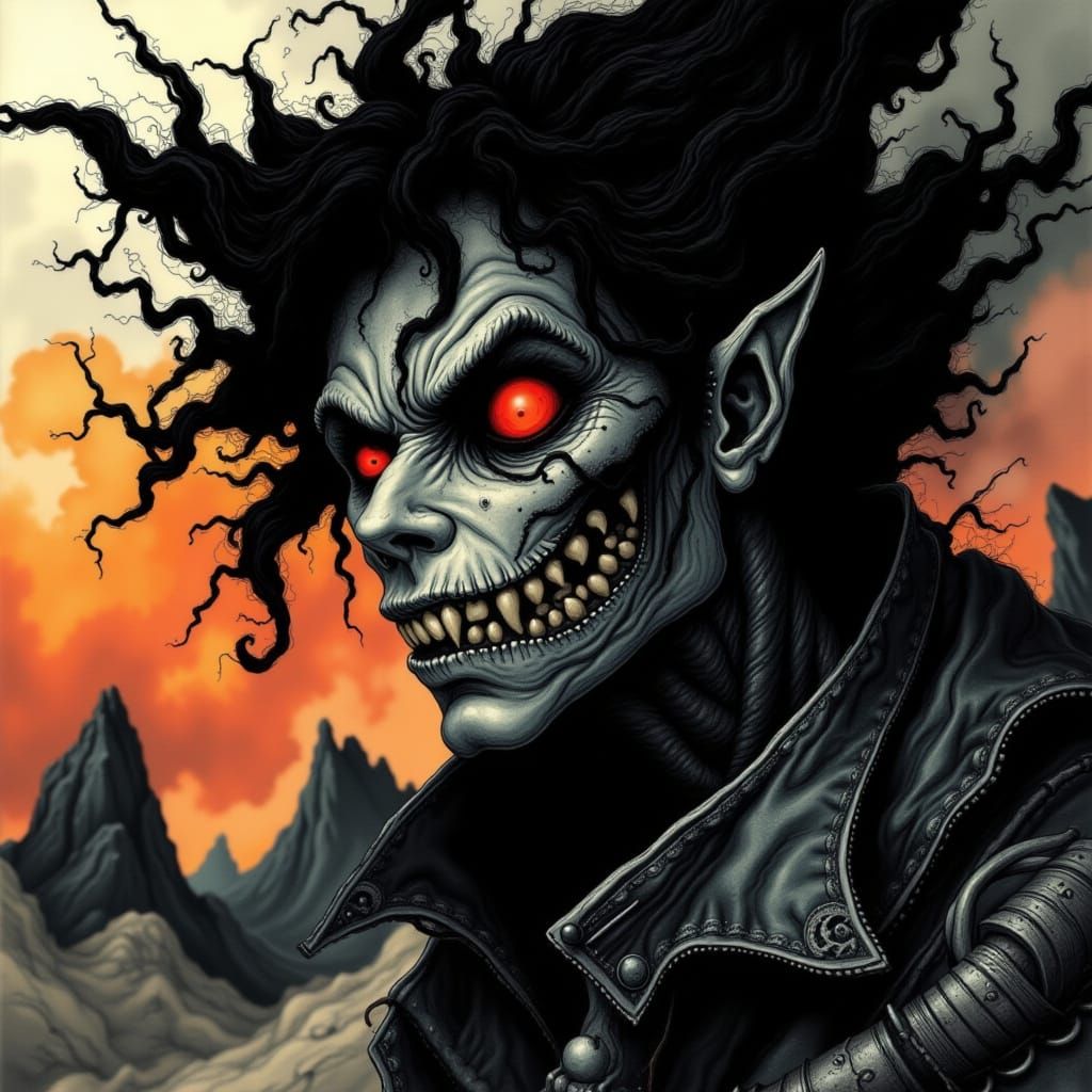 <lora:Noirscape Reverie:1.0> an extreme close-up of an anime Wickedly sinister, Iron Maiden Eddy wearing a leather jacket, HDR.