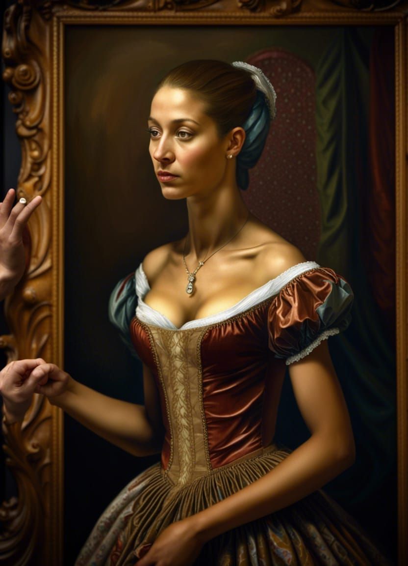 Renaissance Woman trying on a Party Dress  +