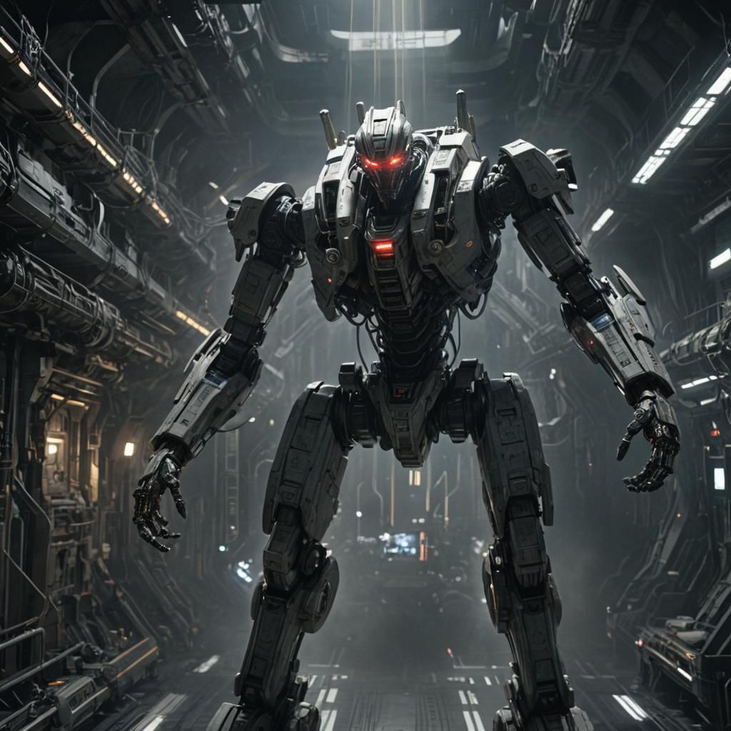 Mech Inside Spaceship with Laser Generator, Cinematic Sci-Fi