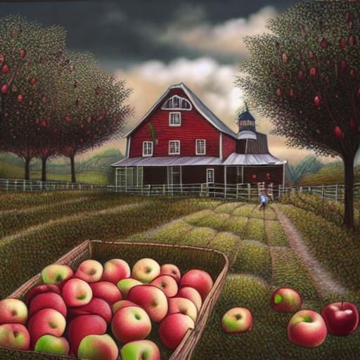 pen and ink rendition of an apple farm
