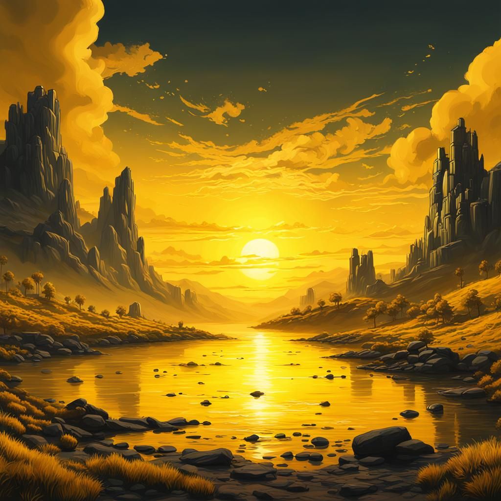 Monochromatic painting of a sunset in yellow.  by @Suz