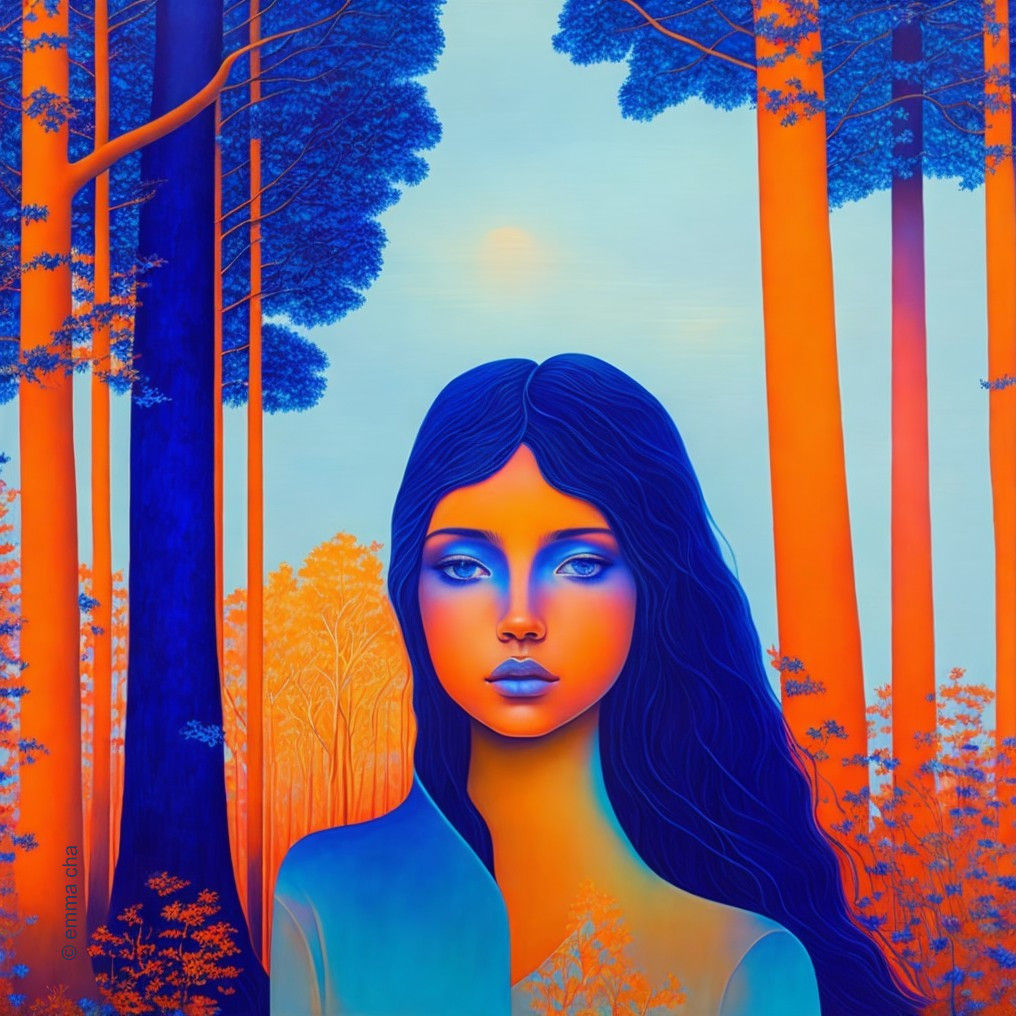 Luminescent Muse Amidst the Blue and Orange Grove [ with haiku ]