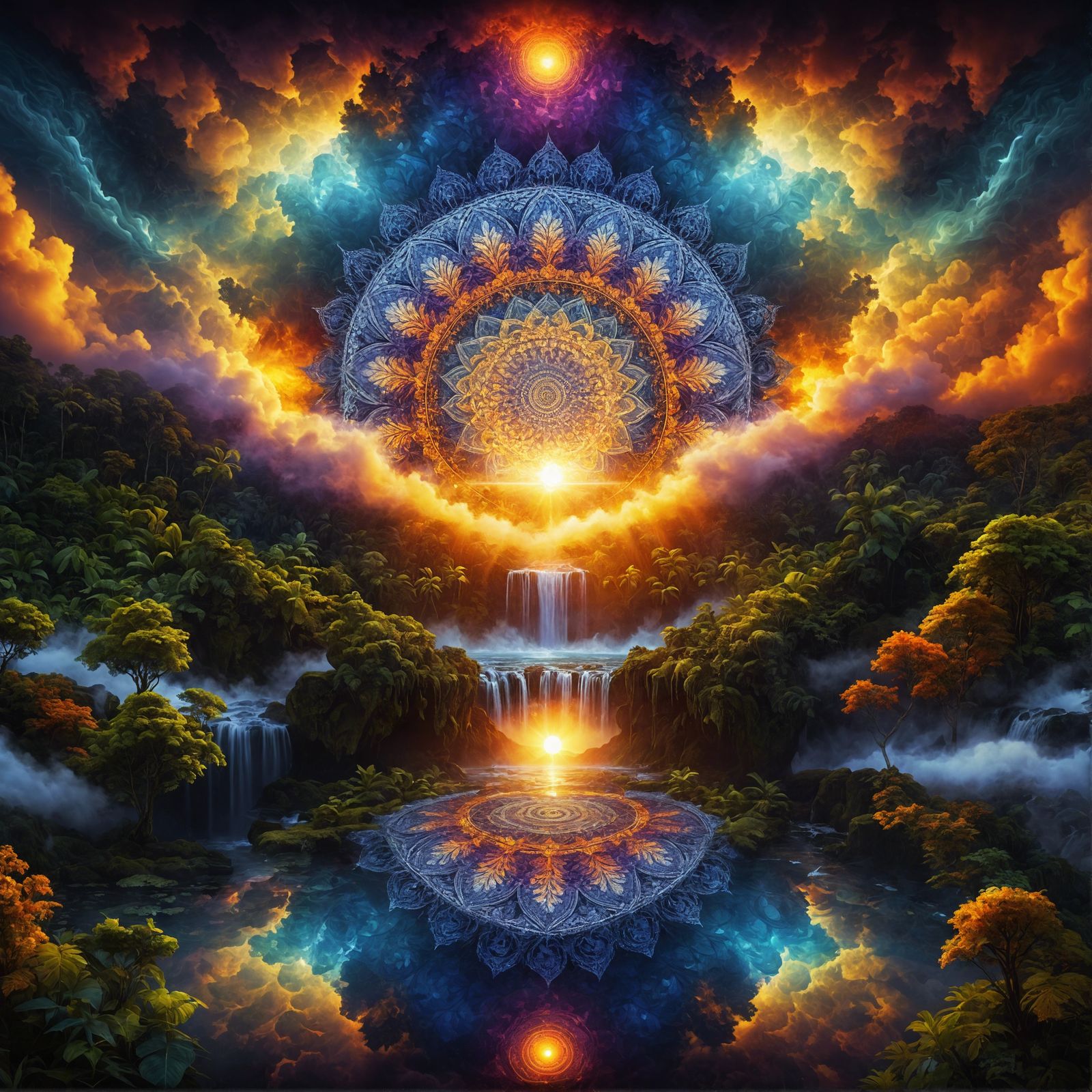 sunset with fractal clouds, mandala whith sun in the center,...