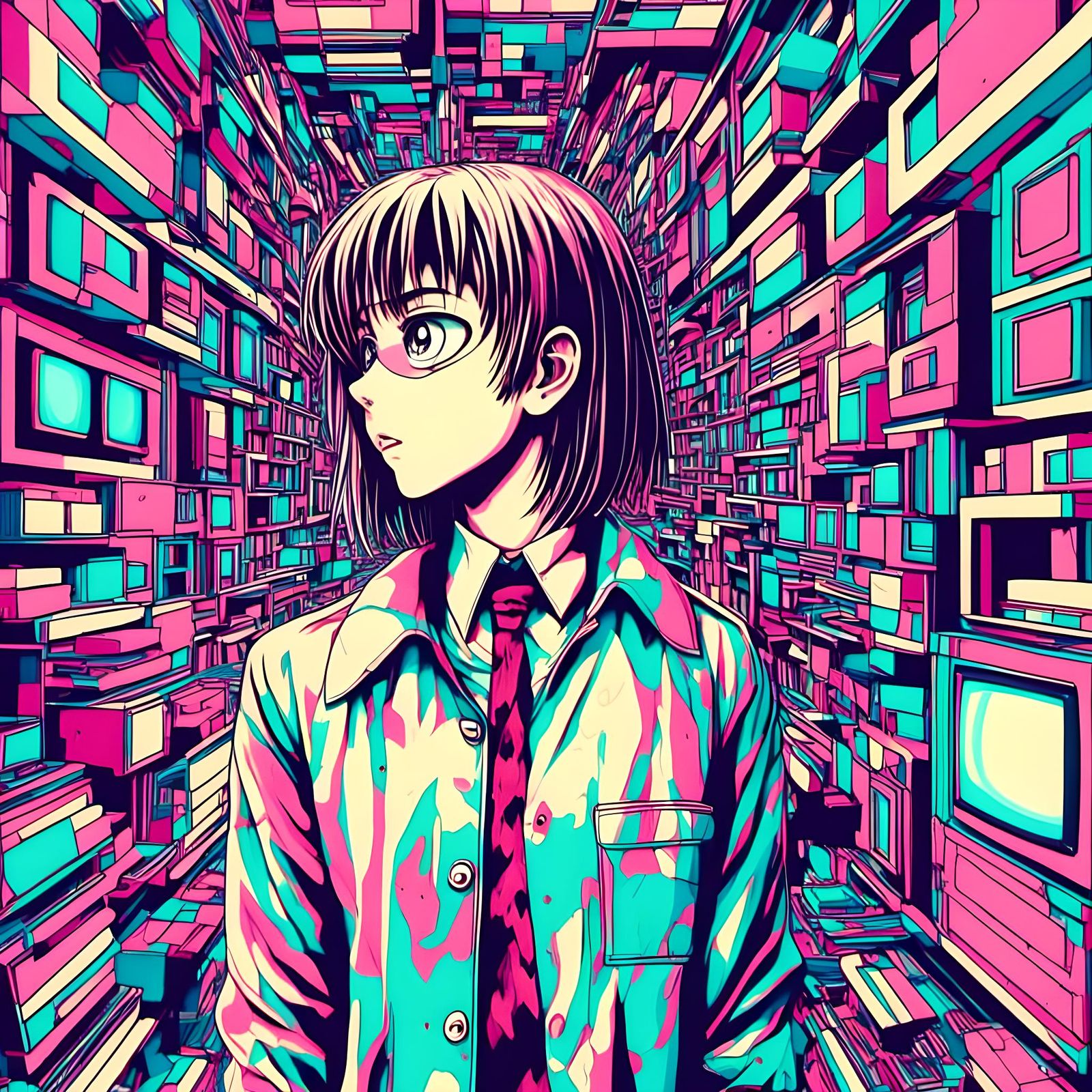  <lora:accent:1.0>  retro | horror | anime | surreal | maximalist | optical illusion | 90’s manga