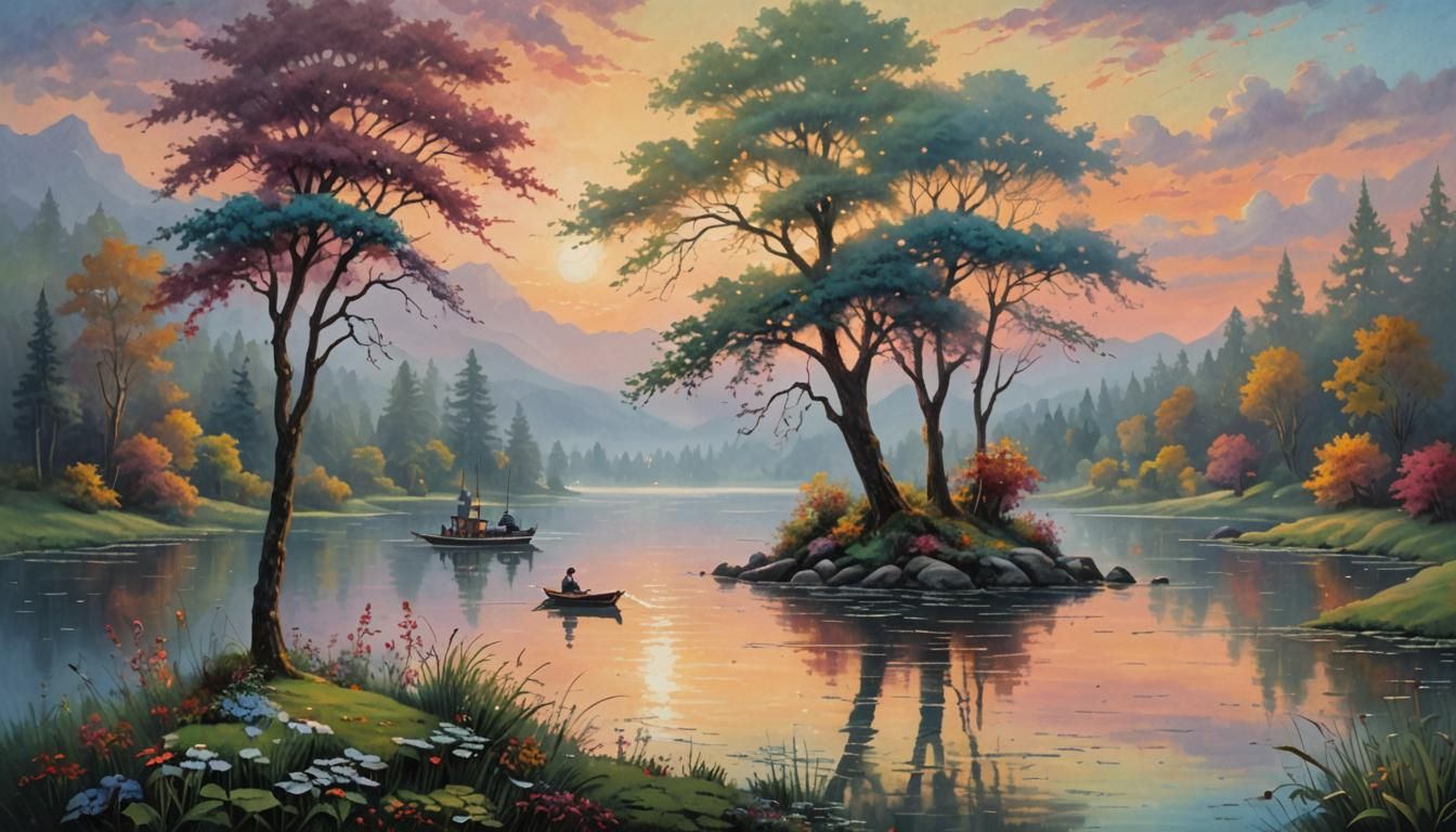 An impressionist acrylic painting of a serene lakeside scene...