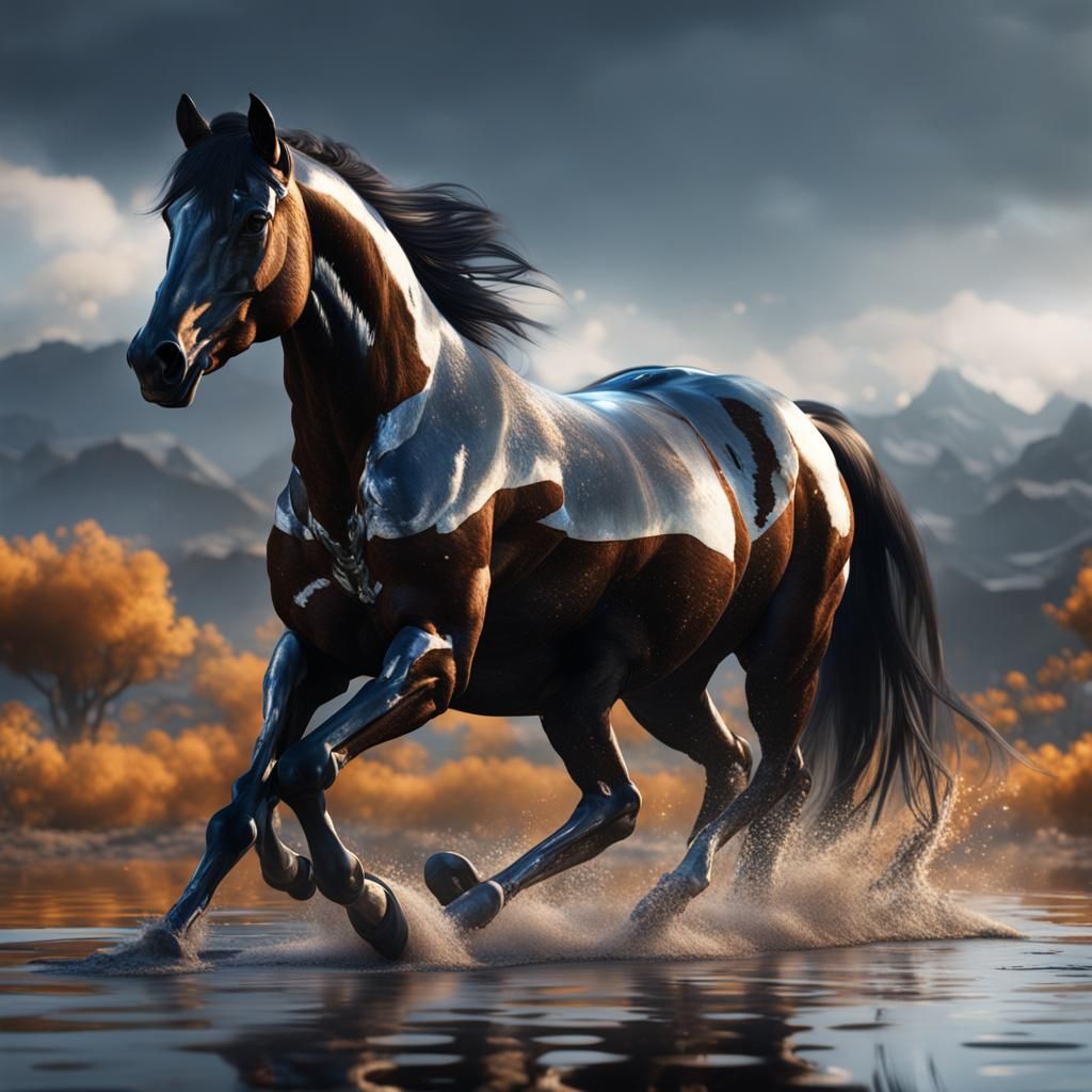A Mustang breed horse with black hair and shiny reflections.