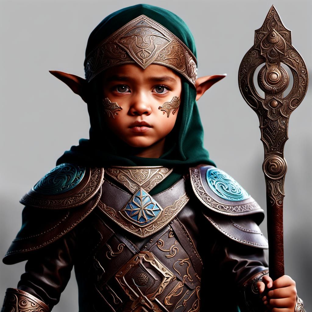 A precise image of an Elvin child, henna, leather warrior gear, jewelry, symbols, elvin, iridescent eyes, 8k resolution 