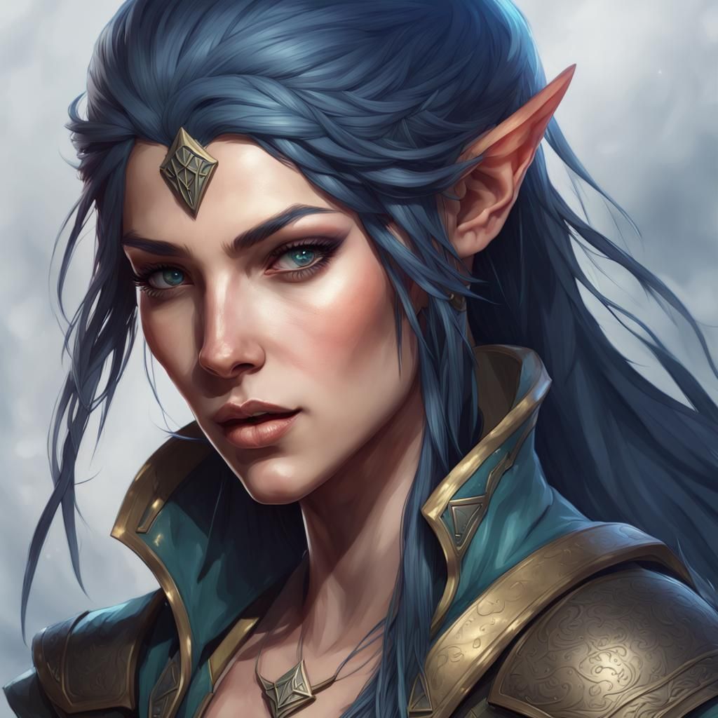 Female elven ranger. She has dark eyes. She has dark blue hair. - AI ...