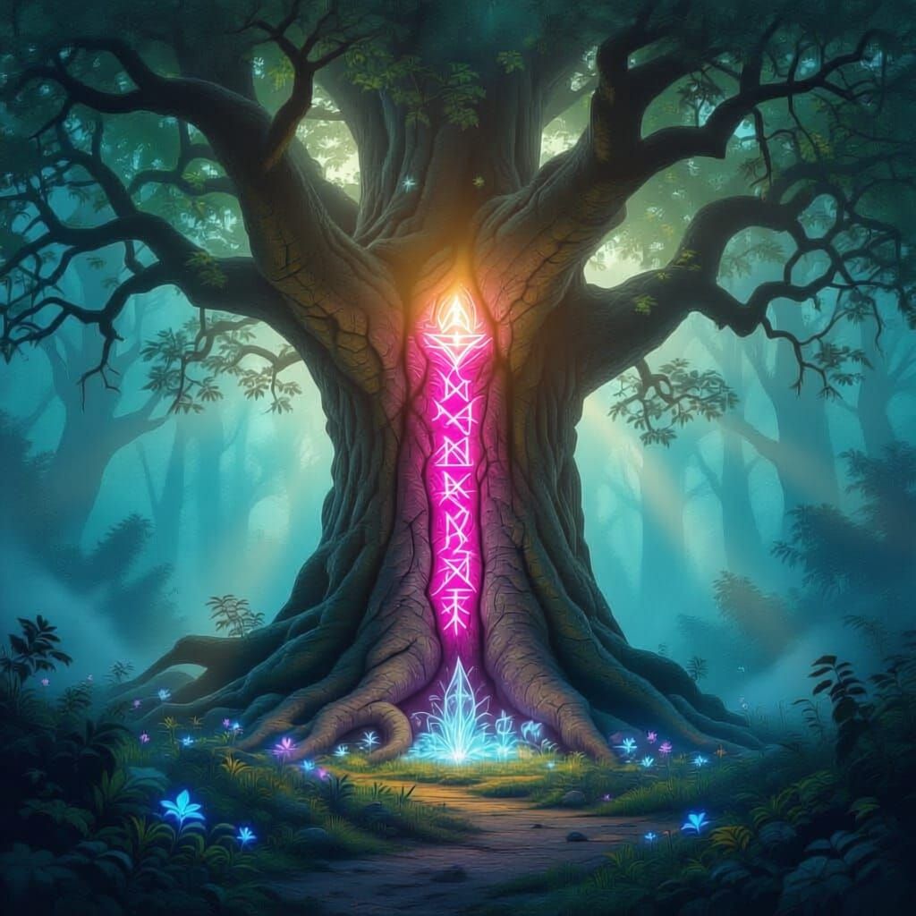 A majestic ancient tree with glowing runes carved into its bark stands in a mystical forest clearing. Luminescent flora surrounds its base, ...