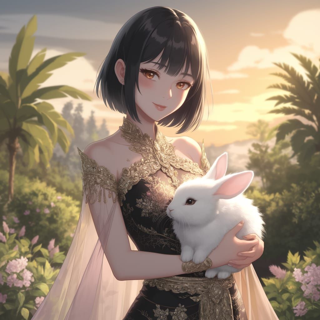 Thai Woman in Serene Sunset Landscape with Rabbit
