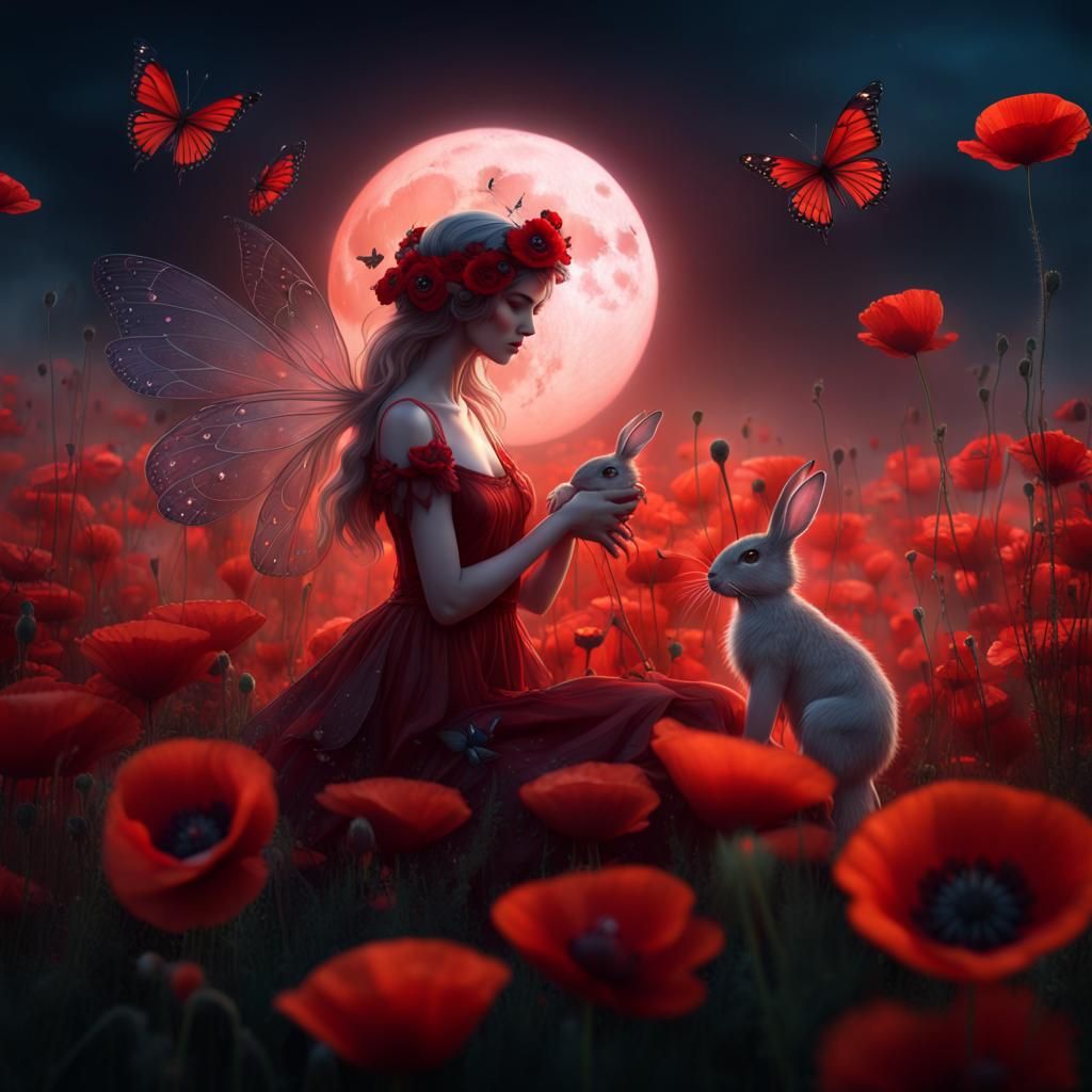 fairy holding a baby bunny at night in a field of red poppie...