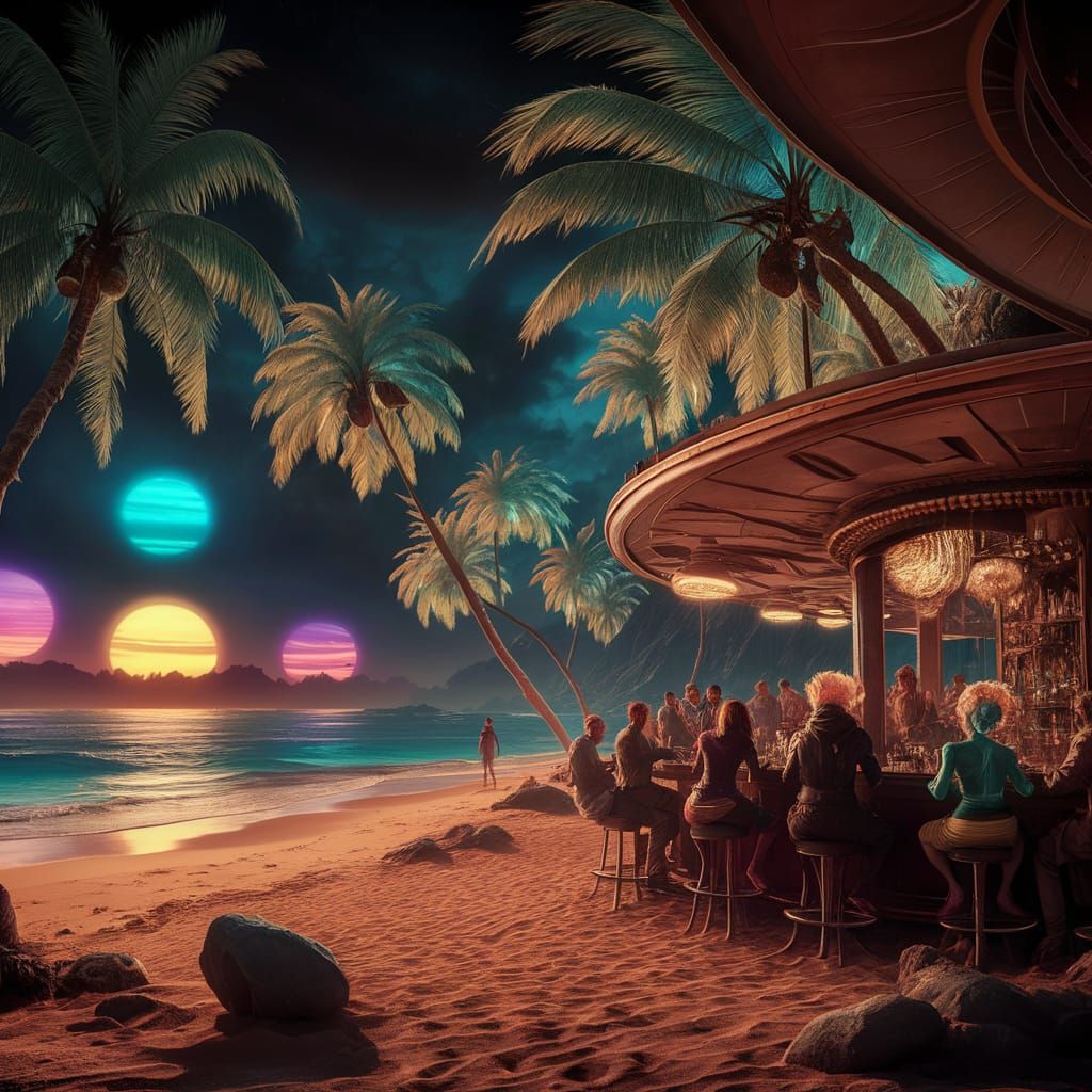 A beautiful wide-angle shot of a tropical beach on a far away planet with a triple sunset. Palm like trees line the beach, and a beachside b...