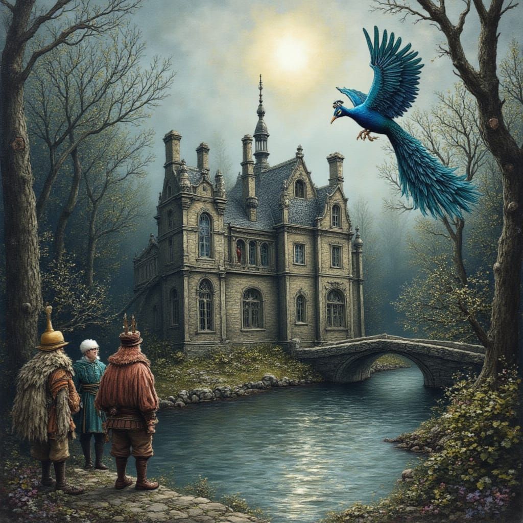 <lora:bildraum:1.0> a peacock flies over a medieval mansion, guards, pond, arch bridge. the wet surface gleams with silver. Medium shot. alc...