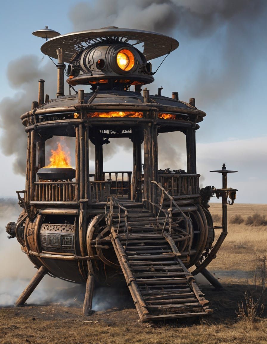 Vintage Flying Saucer Powered by Wood Burning Engines