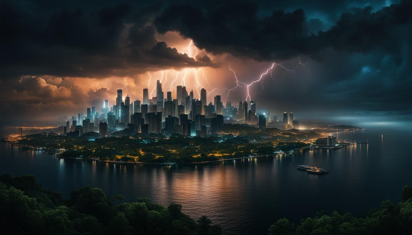 dark city at night on an island in the distance with thunder...