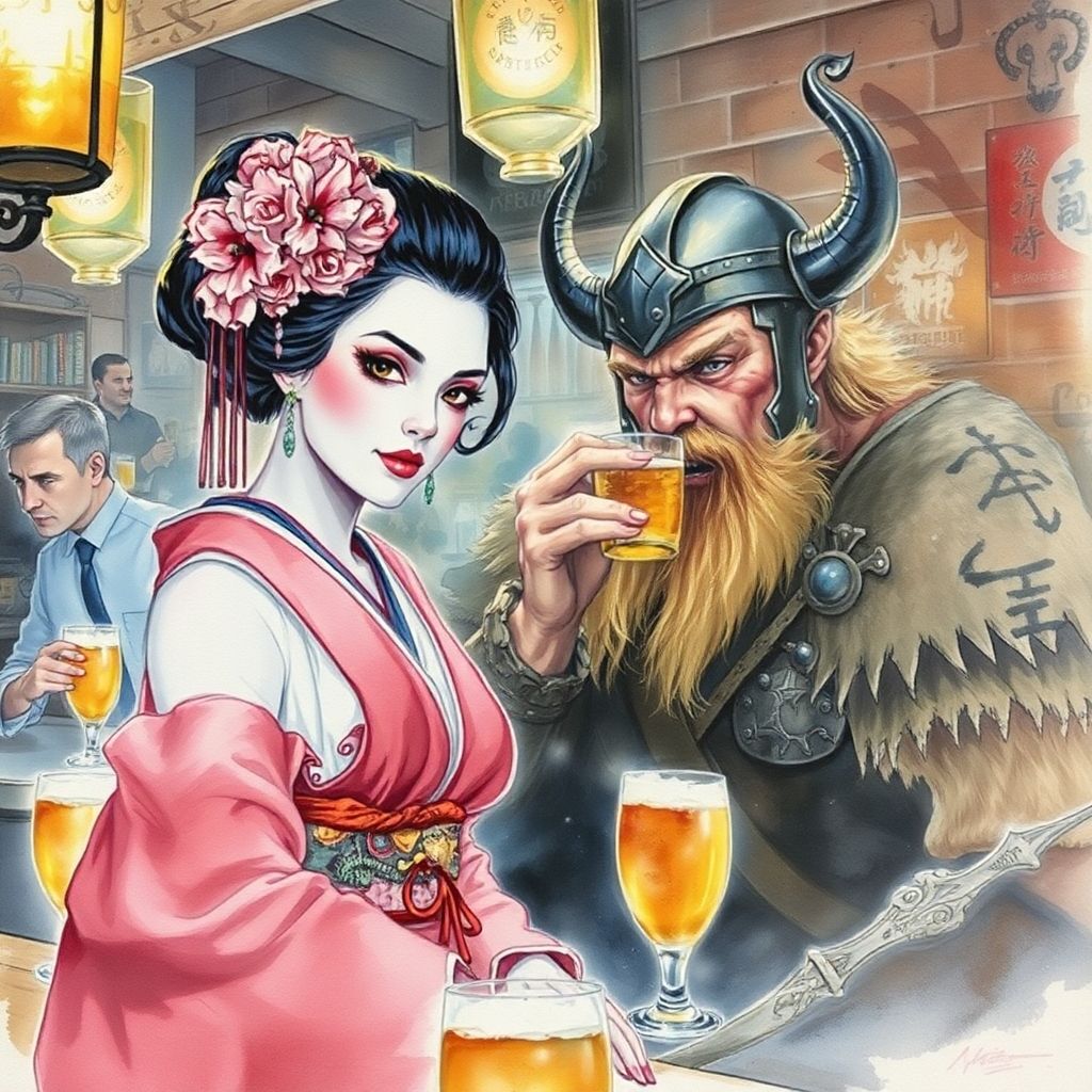 Geisha and Viking at Bar