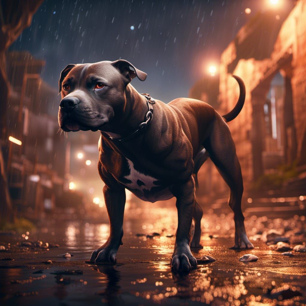 a wild pitbull dog in the night